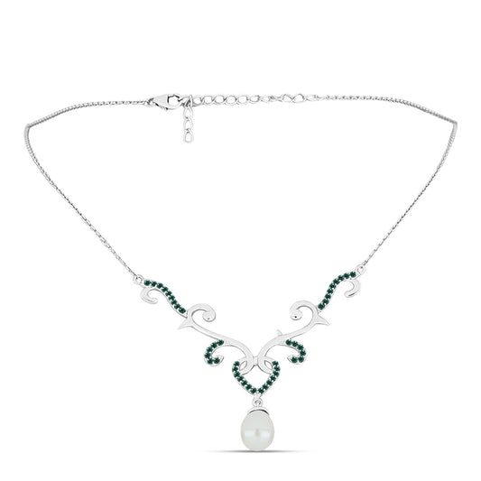 Colier din Argint 925 ( 5.05 grame ) cu Moissanite verde-albăstrui marin și Perlă de Apă Dulce Albă 5.25 Carate