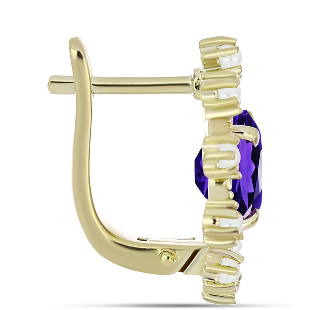 Cercei din Argint 925 Placat cu Aur ( 4.82 grame ) cu Ametist Marocan și Perlă de Apă Dulce Albă 3.11 Carate 2 