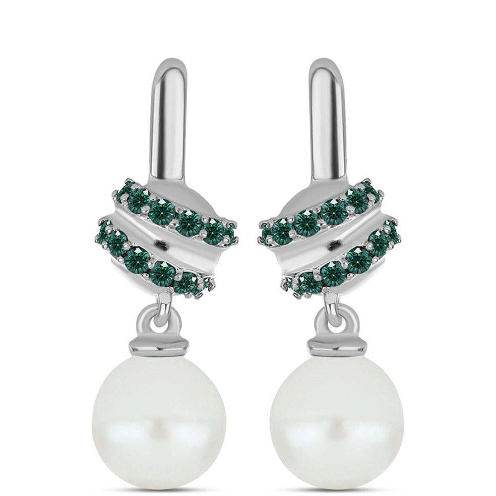 Cercei din Argint 925 ( 3.22 grame ) cu Moissanite verde-albăstrui marin și Perlă de Apă Dulce Albă 7.18 Carate