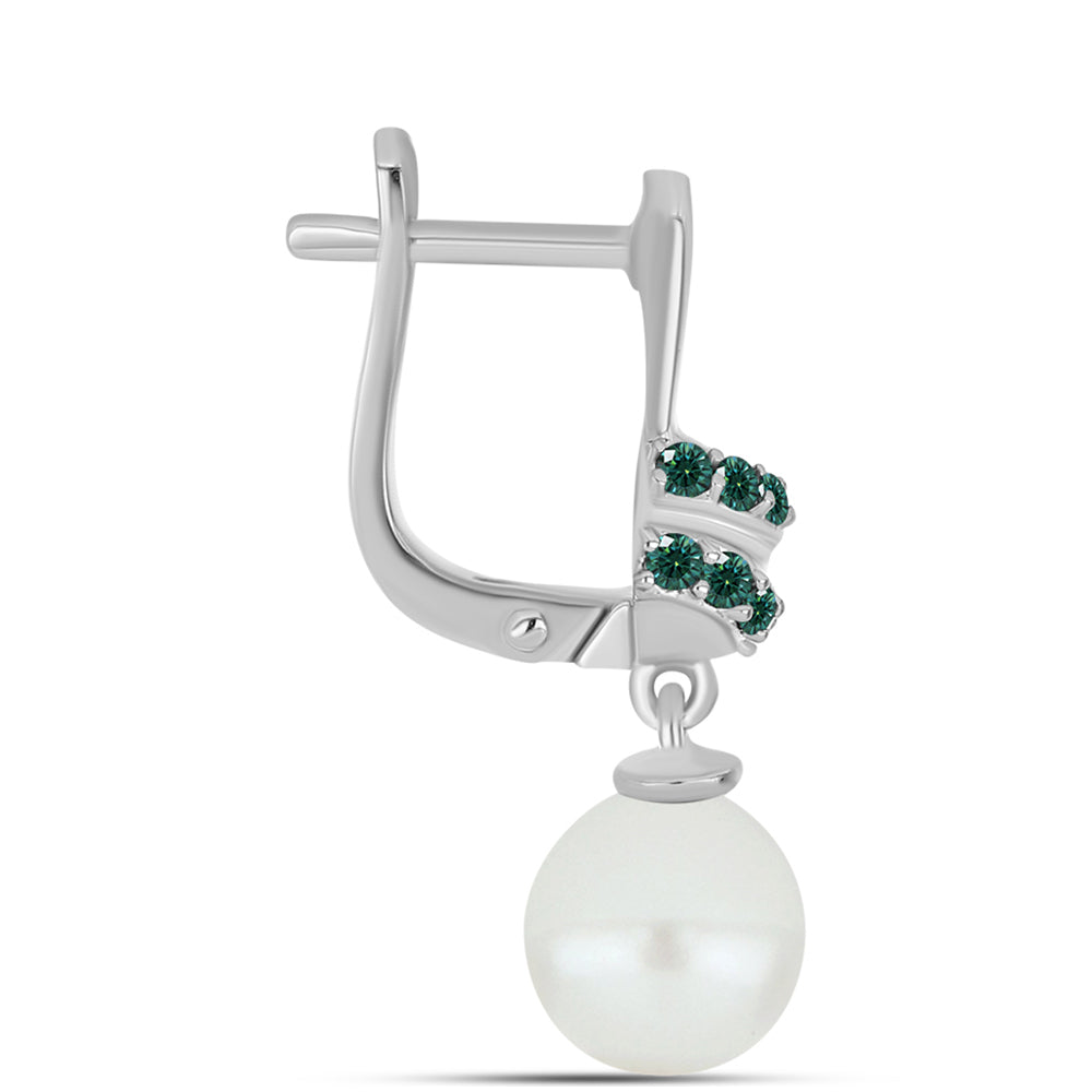 Cercei din Argint 925 ( 3.22 grame ) cu Moissanite verde-albăstrui marin și Perlă de Apă Dulce Albă 7.18 Carate 2 