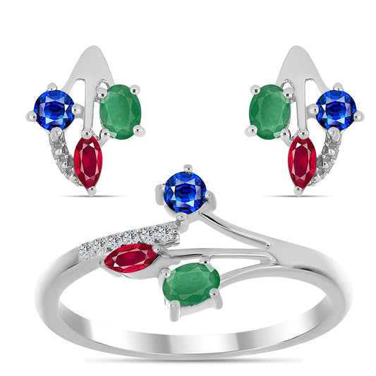 Set din Argint 925 ( 3.7 grame ) cu Rubin Malagasy și Smarald Brazilian 1.41 Carate ( Cercei+Inel )