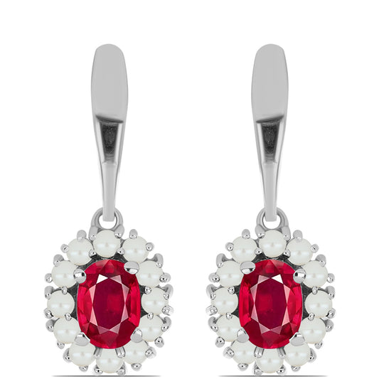 Cercei din Argint 925 ( 3.67 grame ) cu Rubin Malagasy și Perlă de Apă Dulce Albă 3.2 Carate
