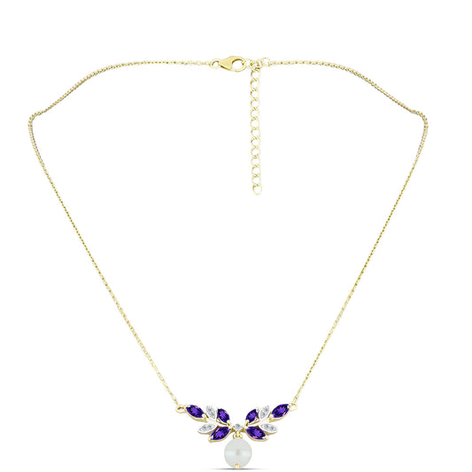 Colier din Argint 925 Placat cu Aur ( 4.54 grame ) cu Ametist Marocan și Perlă de Apă Dulce Albă 4.48 Carate