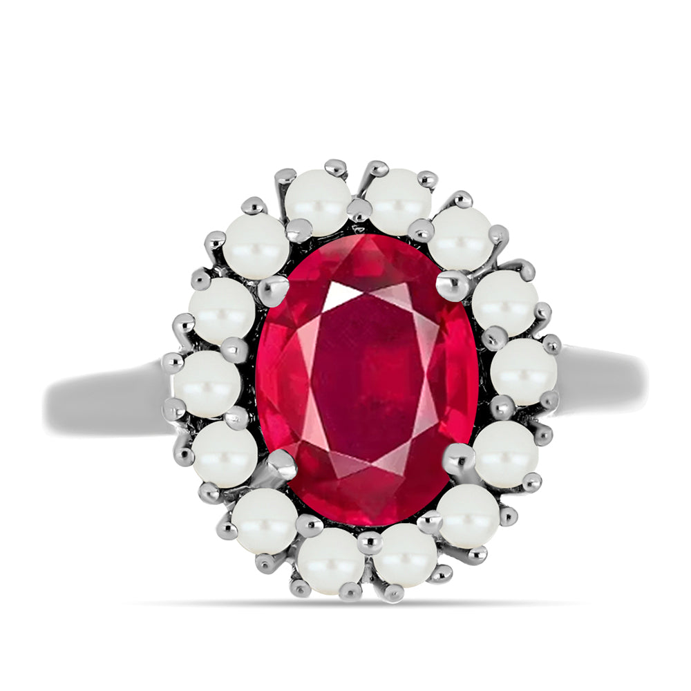 Inel din Argint 925 ( 3.21 grame ) cu Rubin Malagasy și Perlă de Apă Dulce Albă 3.34 Carate