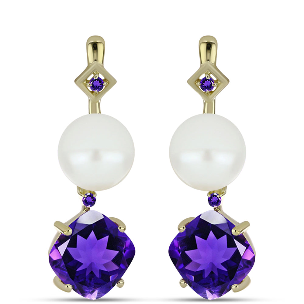 Cercei din Argint 925 Placat cu Aur ( 2.76 grame ) cu Ametist Marocan și Perlă de Apă Dulce Albă 10.69 Carate 1 