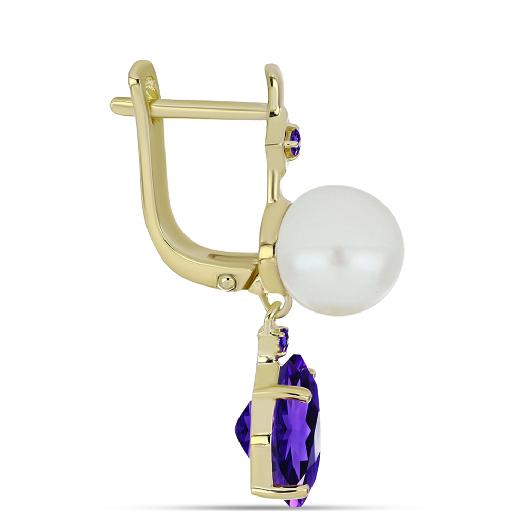 Cercei din Argint 925 Placat cu Aur ( 2.76 grame ) cu Ametist Marocan și Perlă de Apă Dulce Albă 10.69 Carate 2 