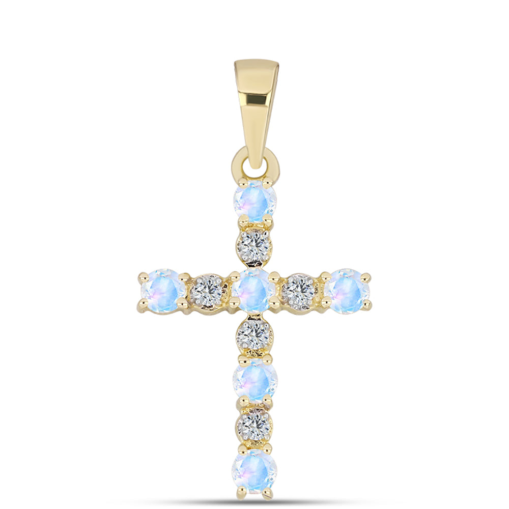 Cruce Pandantiv din Argint 925 Placat cu Aur ( 1.01 grame ) cu Piatra Lunii Curcubeu și Topaz Alb 0.45 Carate 1 