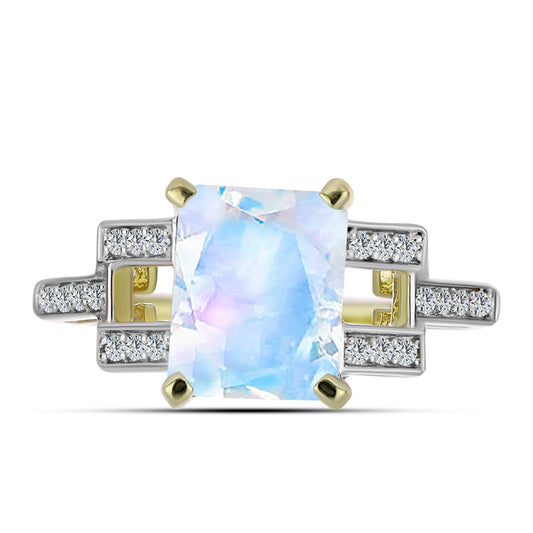 Inel din Argint 925 Placat cu Aur ( 3.15 grame ) cu Piatra Lunii Curcubeu și Topaz Alb 3.01 Carate