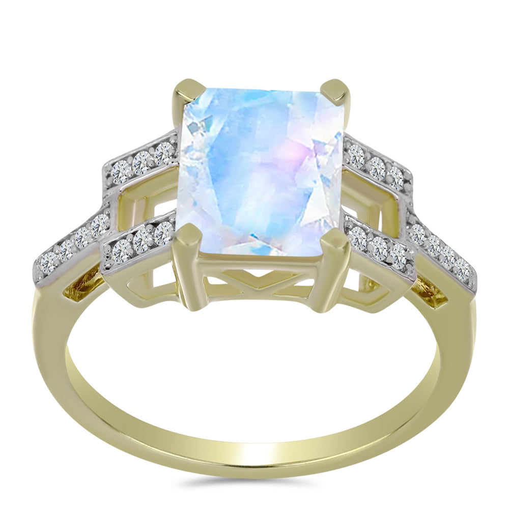 Inel din Argint 925 Placat cu Aur ( 3.15 grame ) cu Piatra Lunii Curcubeu și Topaz Alb 3.01 Carate 3 