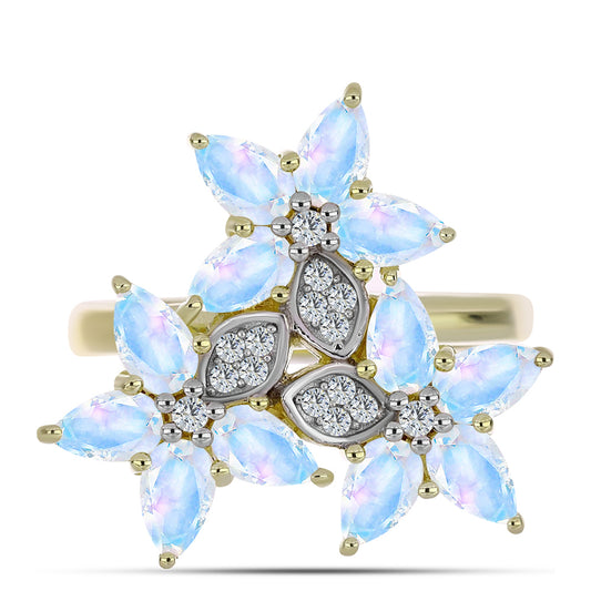 Inel din Argint 925 Placat cu Aur ( 3.76 grame ) cu Piatra Lunii Curcubeu și Topaz Alb 2.76 Carate