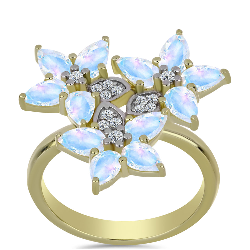 Inel din Argint 925 Placat cu Aur ( 3.76 grame ) cu Piatra Lunii Curcubeu și Topaz Alb 2.76 Carate