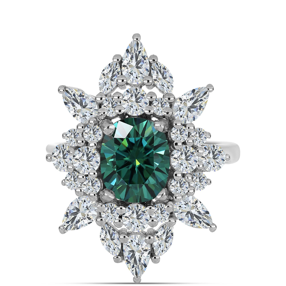 Inel din Argint 925 ( 4.59 grame ) cu Moissanite verde-albăstrui marin și Topaz Alb 4.95 Carate 1 