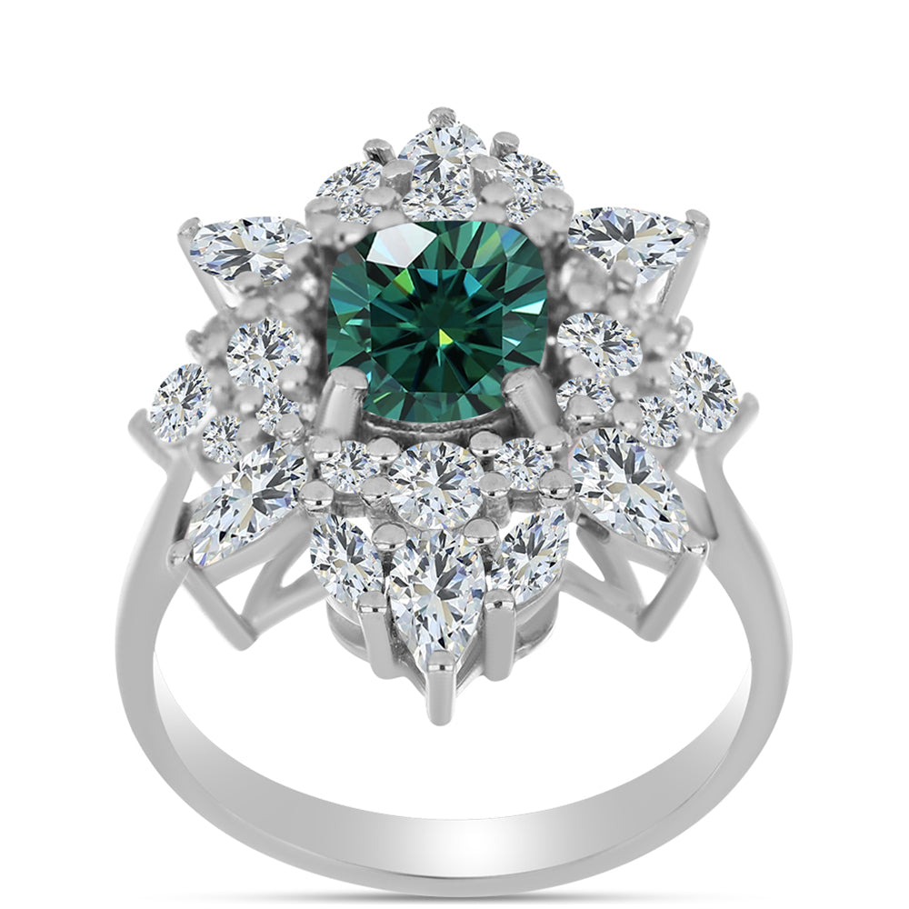 Inel din Argint 925 ( 4.59 grame ) cu Moissanite verde-albăstrui marin și Topaz Alb 4.95 Carate 3 