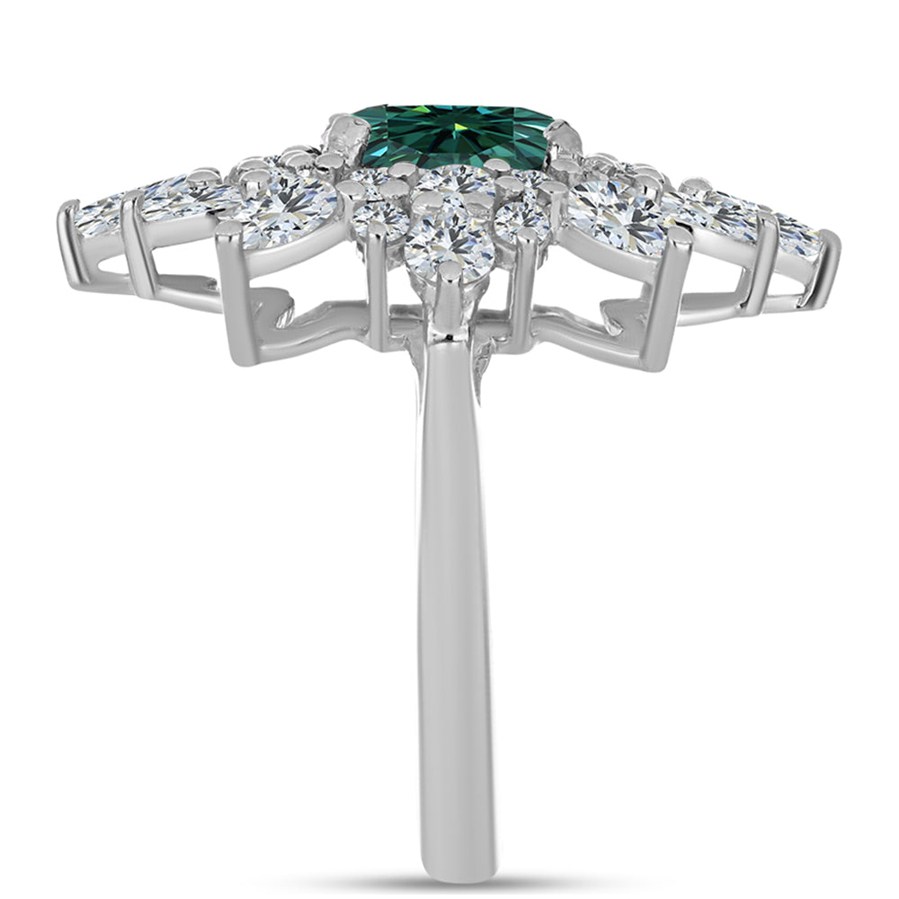 Inel din Argint 925 ( 4.59 grame ) cu Moissanite verde-albăstrui marin și Topaz Alb 4.95 Carate