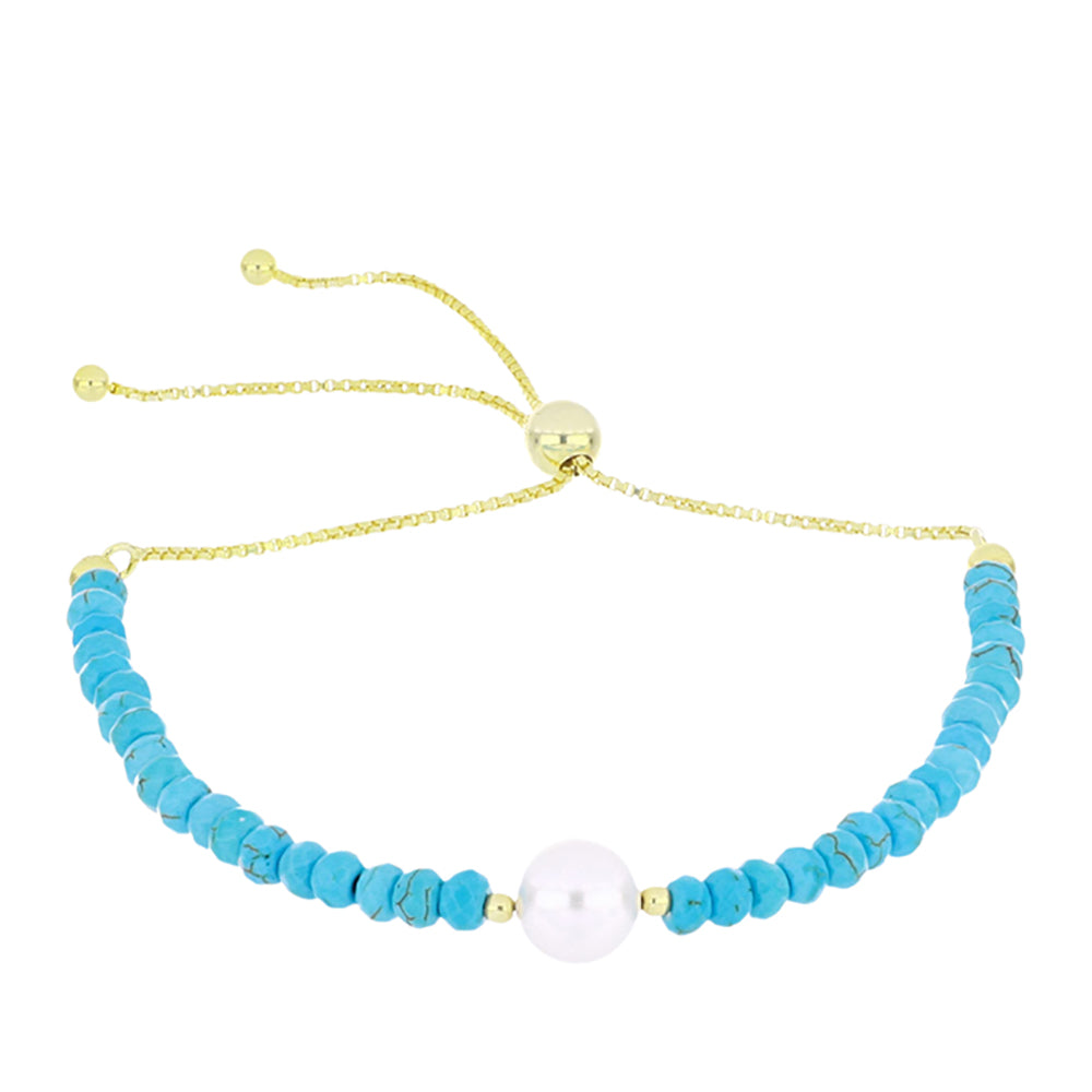 Brățară din Argint 925 Placat cu Aur ( 1.85 grame ) cu Turcoaz ”Frumoasa Adormită” și Perlă de Apă Dulce Albă 14.25 Carate