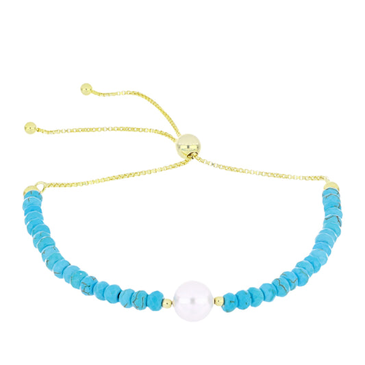 Brățară din Argint 925 Placat cu Aur ( 1.85 grame ) cu Turcoaz ”Frumoasa Adormită” și Perlă de Apă Dulce Albă 14.25 Carate