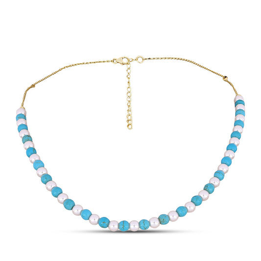 Colier din Argint 925 Placat cu Aur ( 1.95 grame ) cu Turcoaz ”Frumoasa Adormită” și Perlă de Apă Dulce Albă 62 Carate