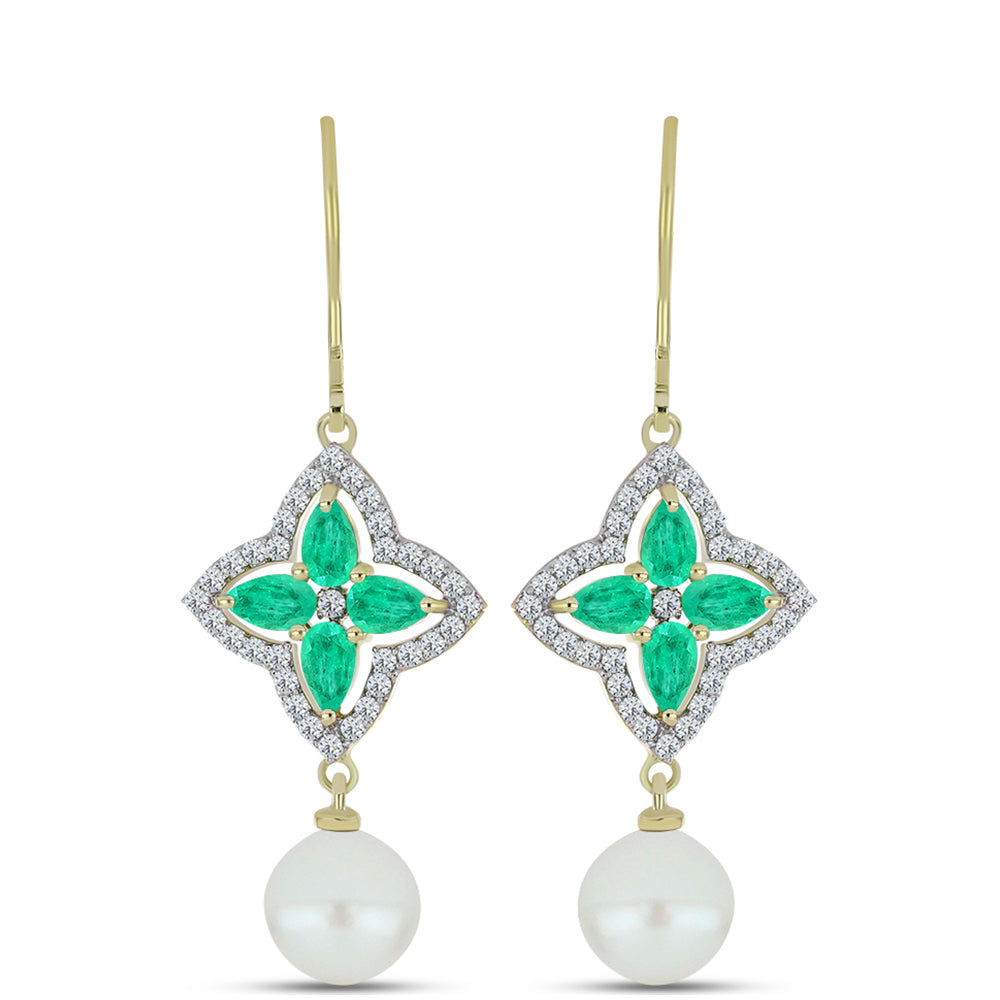 Cercei din Argint 925 Placat cu Aur ( 3.29 grame ) cu Smarald Columbian și Perlă de Apă Dulce Albă 10.2 Carate