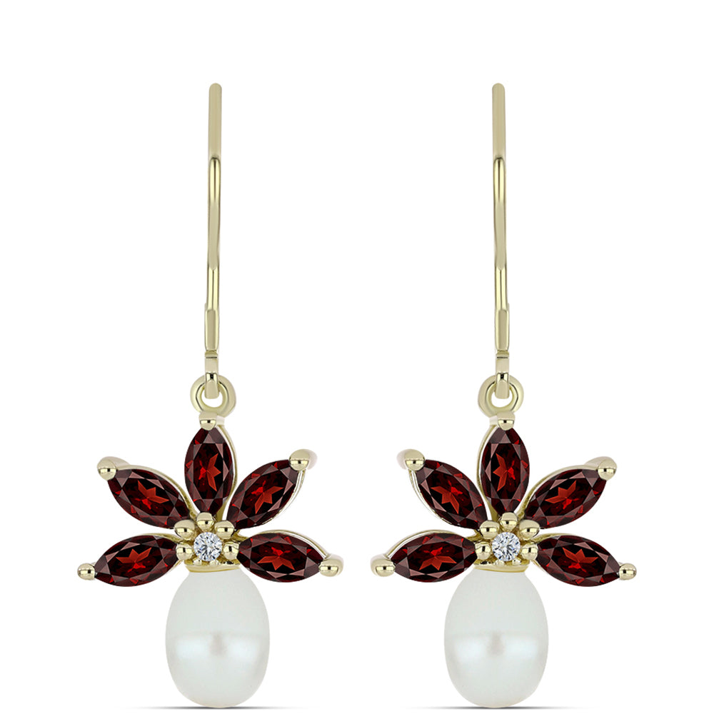 Cercei din Argint 925 Placat cu Aur ( 2.76 grame ) cu Granat Barton și Perlă de Apă Dulce Albă 5.27 Carate 1 