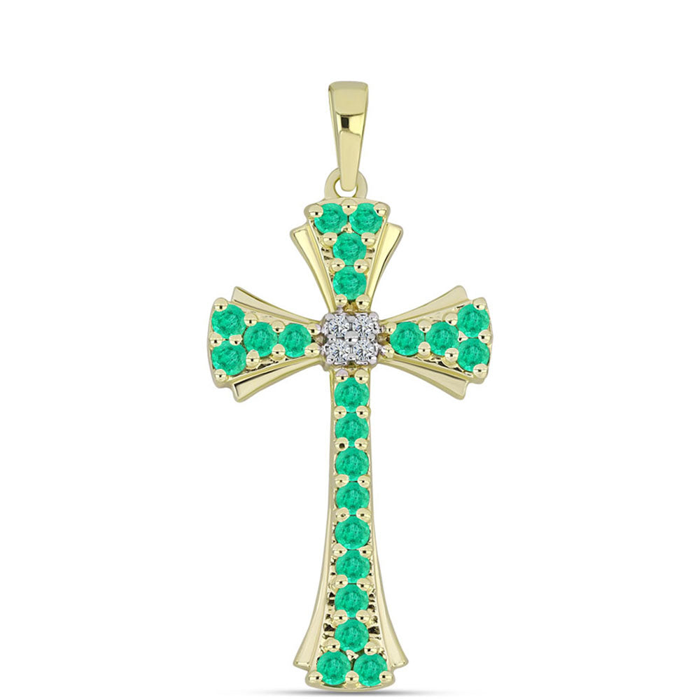 Cruce Pandantiv din Argint 925 Placat cu Aur ( 2.84 grame ) cu Smarald Columbian și Diamant Alb 0.84 Carate 1 
