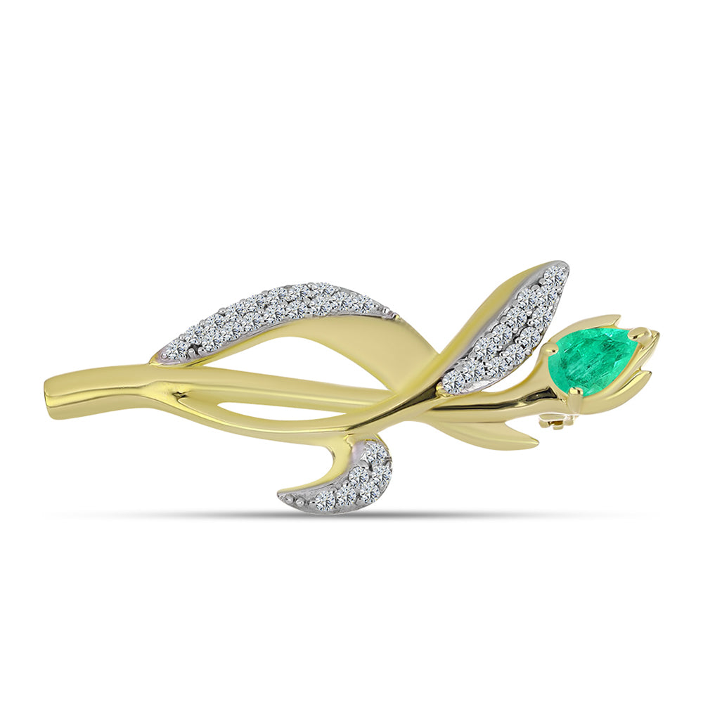 Broşă din Argint 925 Placat cu Aur ( 3.93 grame ) cu Smarald Columbian și Diamant Alb 0.64 Carate 1 