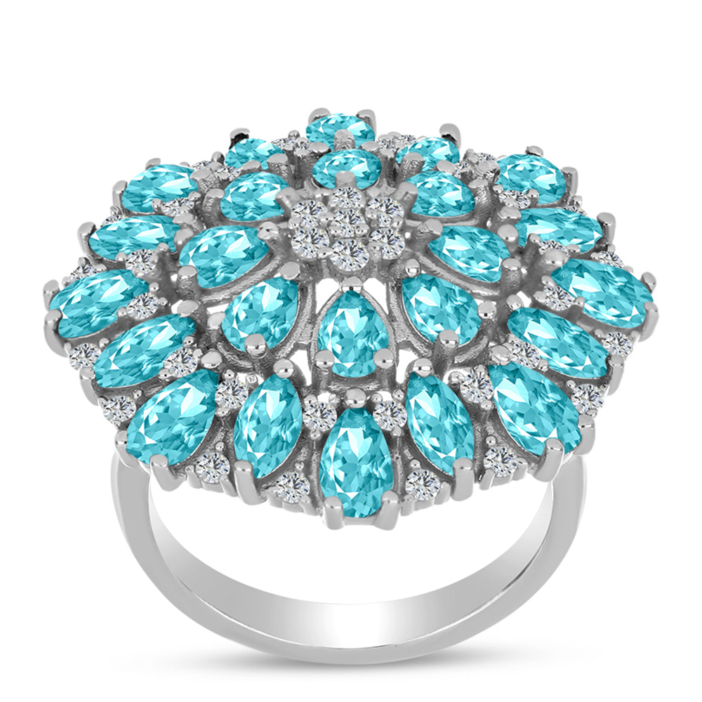 Inel din Argint 925 ( 5.59 grame ) cu Cuarț Paraiba și Topaz Alb 3.73 Carate 3 