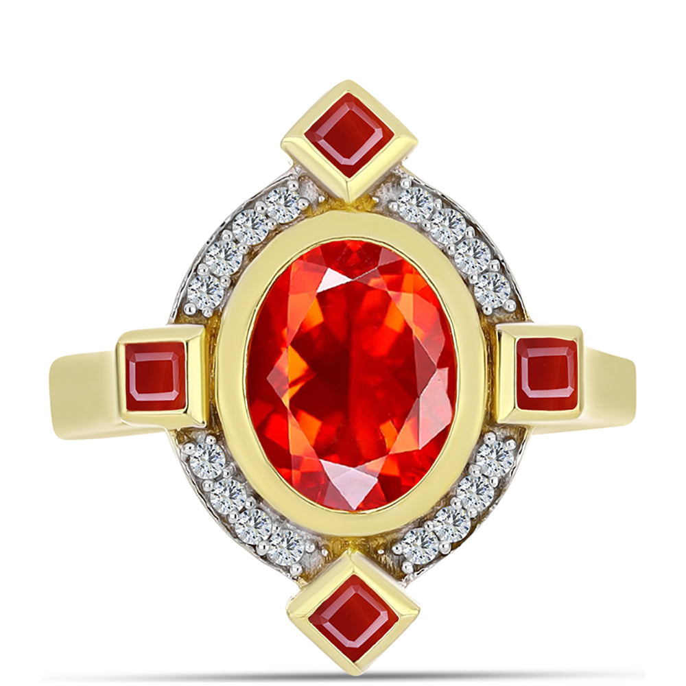Inel din Argint 925 Placat cu Aur ( 4.2 grame ) cu Opal Etiopian Lega Dembi Roșu și Topaz Alb 1.35 Carate 1 