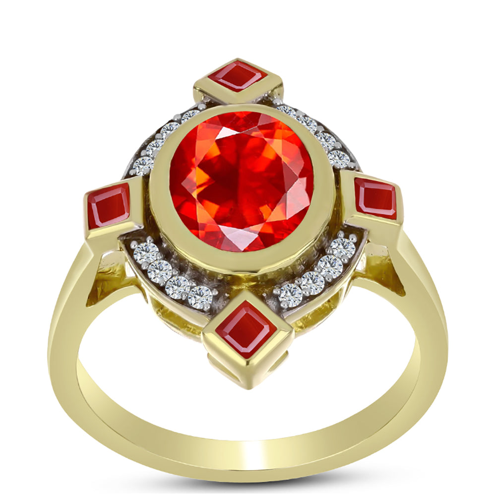 Inel din Argint 925 Placat cu Aur ( 4.2 grame ) cu Opal Etiopian Lega Dembi Roșu și Topaz Alb 1.35 Carate