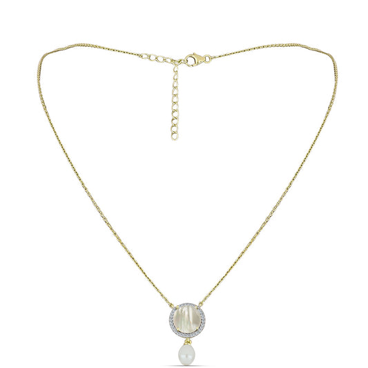 Colier din Argint 925 Placat cu Aur ( 3.4 grame ) cu Sidef și Perlă de Apă Dulce Albă 3.82 Carate