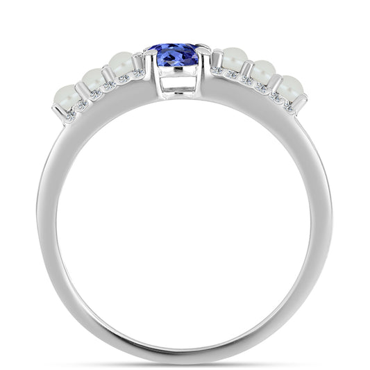 Inel din Argint 925 ( 3.16 grame ) cu Tanzanit AAA și Perlă de Apă Dulce Albă 1.37 Carate