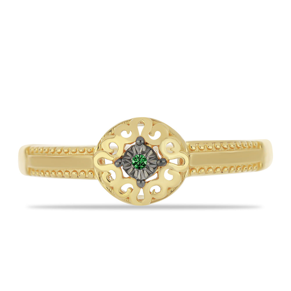 Inel din Argint 925 Placat cu Aur ( 2.05 grame ) cu Diamant Verde 0.01 Carate 1 