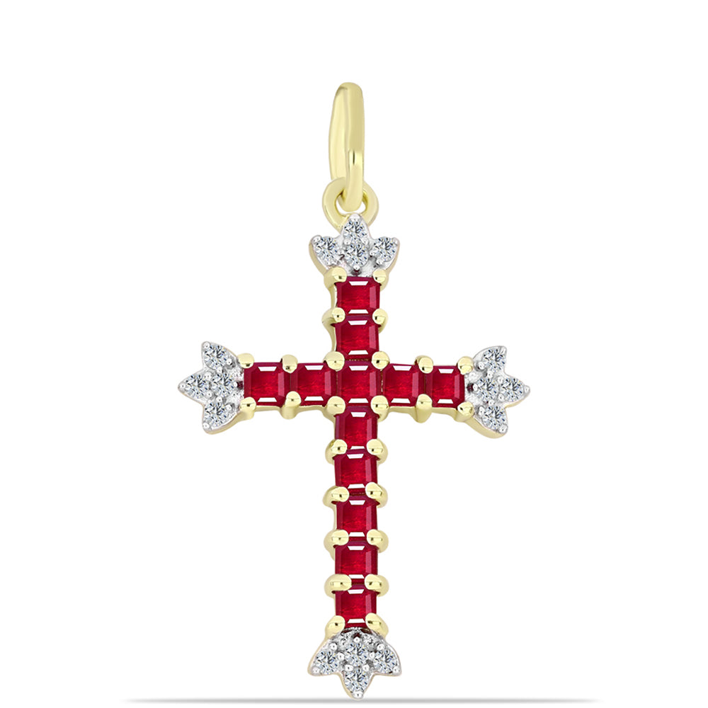 Cruce Pandantiv din Argint 925 Placat cu Aur ( 1.84 grame ) cu Rubin Malagasy și Topaz Alb 1.15 Carate