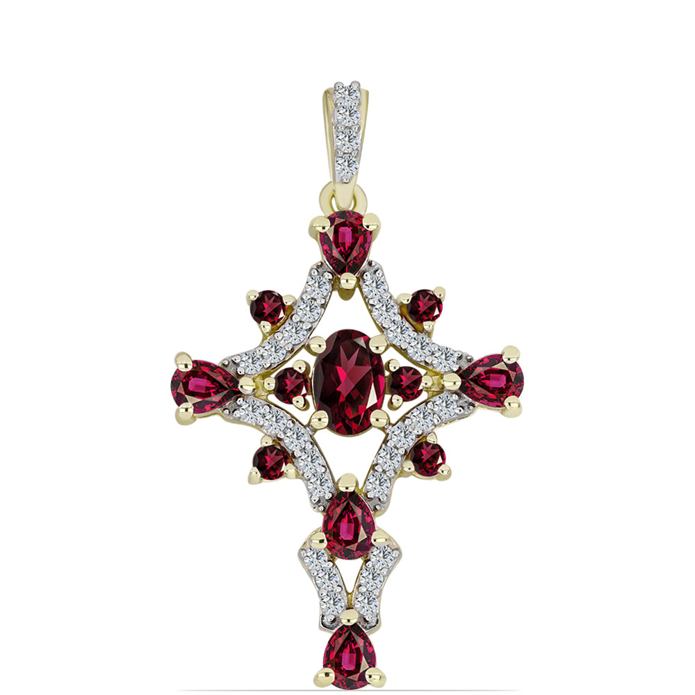 Cruce Pandantiv din Argint 925 Placat cu Aur ( 2.67 grame ) cu Granat Rodolit și Topaz Alb 2.26 Carate