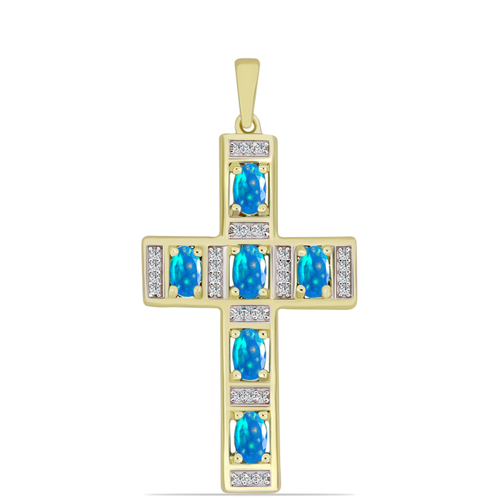 Cruce Pandantiv din Argint 925 Placat cu Aur ( 3.16 grame ) cu Opal Etiopian ”Paradis” și Topaz Alb 1.1 Carate