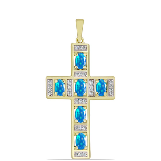 Cruce Pandantiv din Argint 925 Placat cu Aur ( 3.16 grame ) cu Opal Etiopian ”Paradis” și Topaz Alb 1.1 Carate