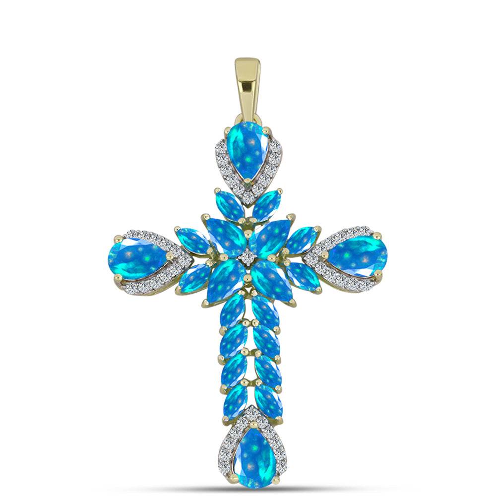 Cruce Pandantiv din Argint 925 Placat cu Aur ( 3.44 grame ) cu Opal Etiopian ”Paradis” și Topaz Alb 2.51 Carate 1 