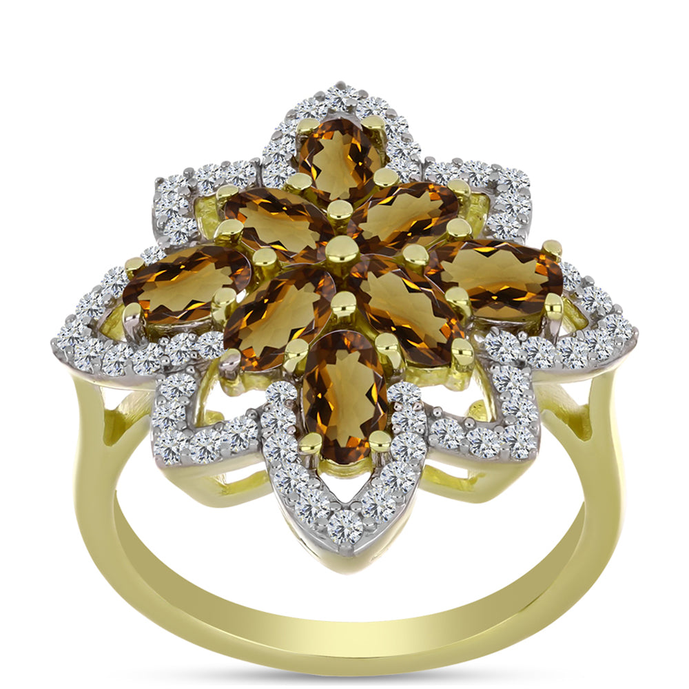 Inel din Argint 925 Placat cu Aur ( 3.92 grame ) cu Cuarț Coniac și Topaz Alb 2.2 Carate 3 