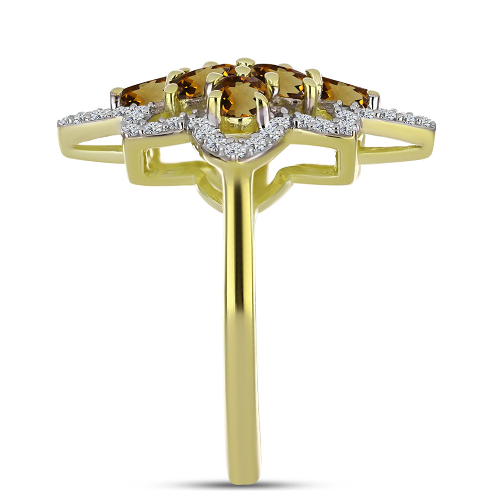Inel din Argint 925 Placat cu Aur ( 3.92 grame ) cu Cuarț Coniac și Topaz Alb 2.2 Carate