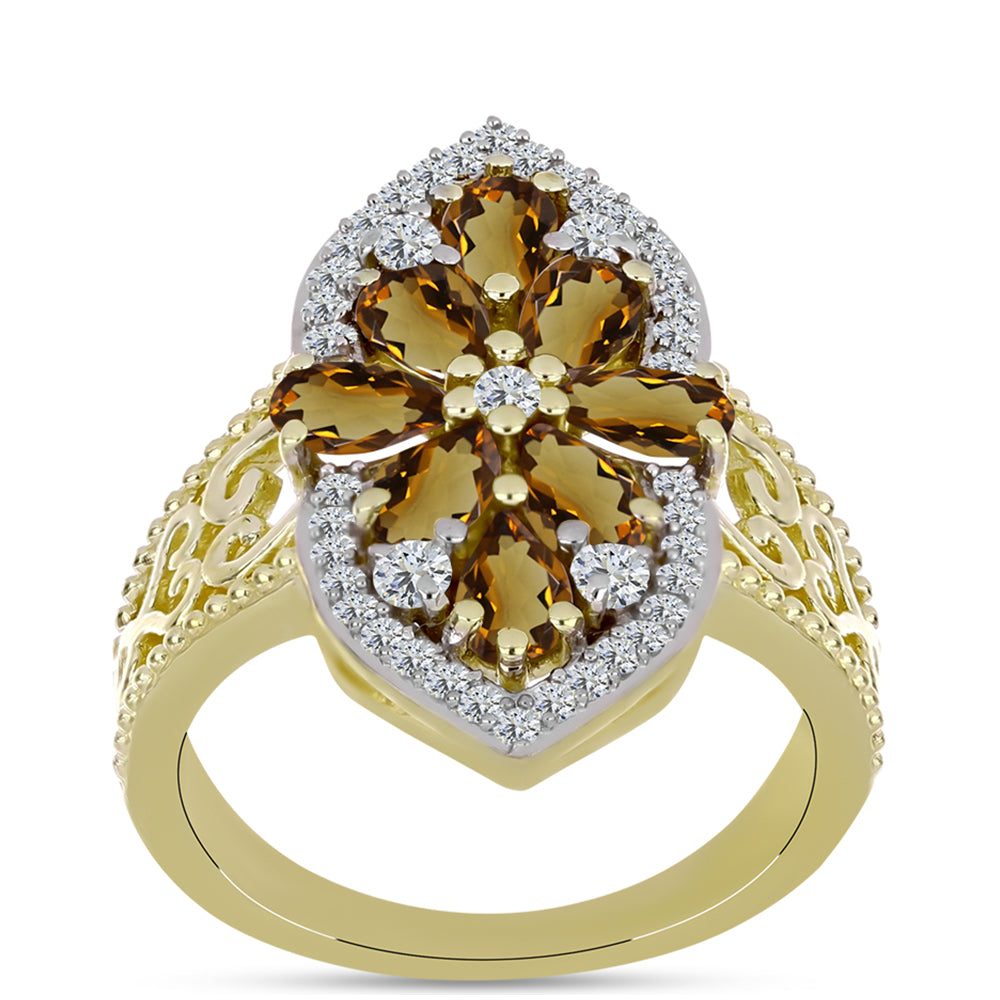 Inel din Argint 925 Placat cu Aur ( 4.54 grame ) cu Cuarț Coniac și Topaz Alb 1.98 Carate
