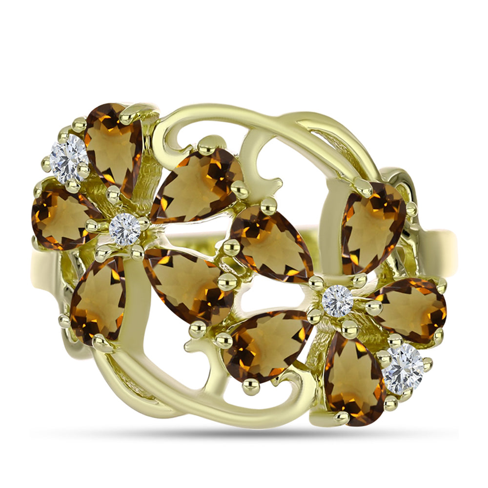 Inel din Argint 925 Placat cu Aur ( 4.44 grame ) cu Cuarț Coniac și Topaz Alb 2.09 Carate 1 