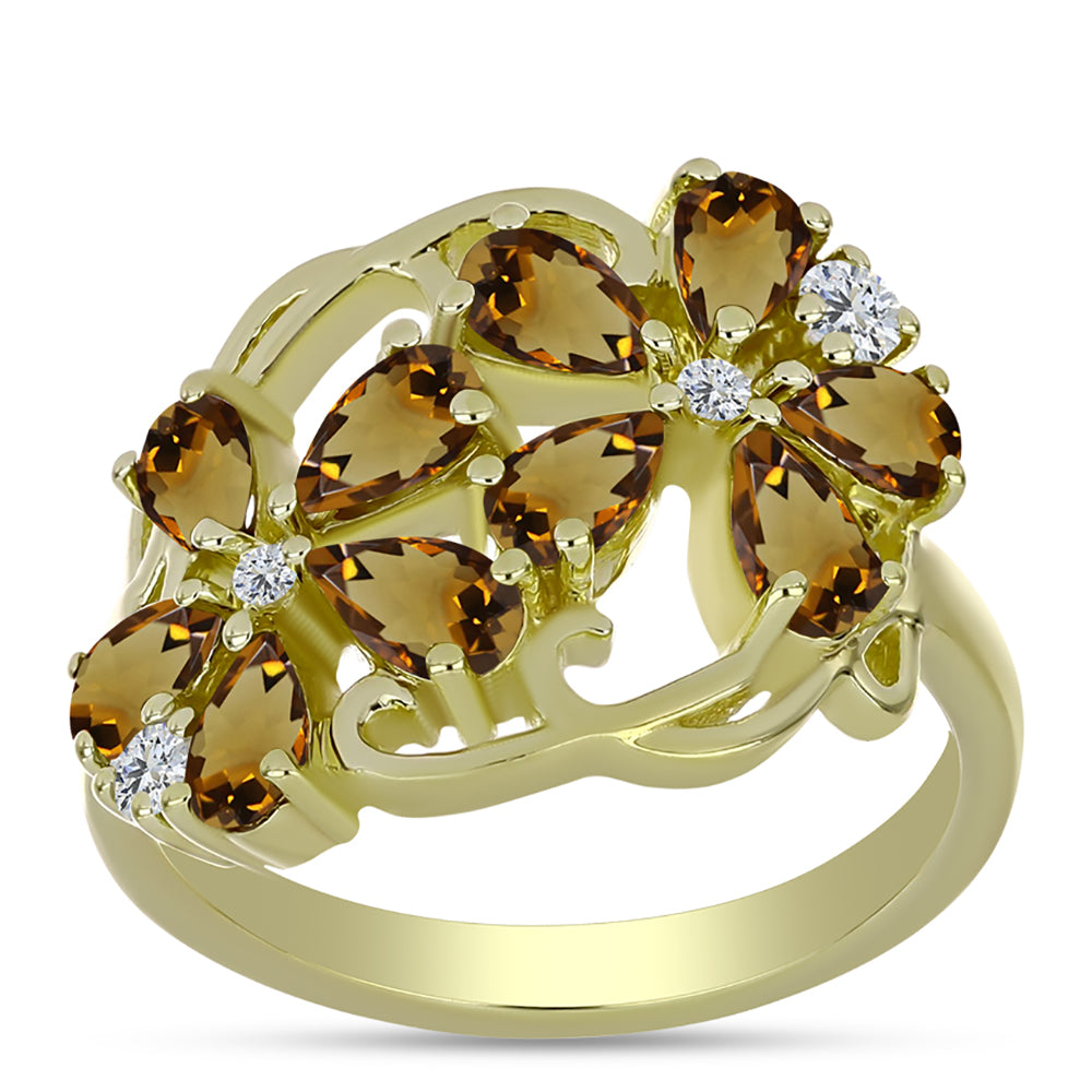 Inel din Argint 925 Placat cu Aur ( 4.44 grame ) cu Cuarț Coniac și Topaz Alb 2.09 Carate 3 