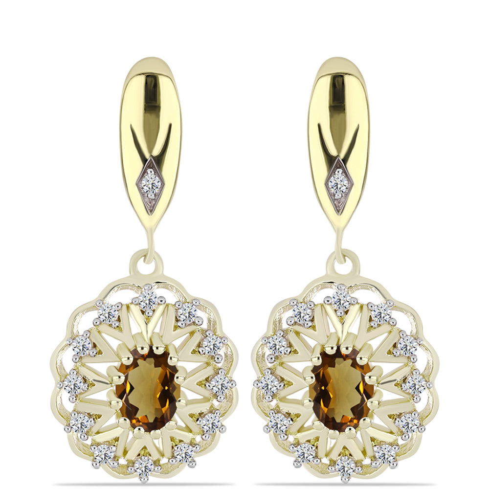 Cercei din Argint 925 Placat cu Aur ( 8 grame ) cu Cuarț Coniac și Topaz Alb 1.88 Carate 1 