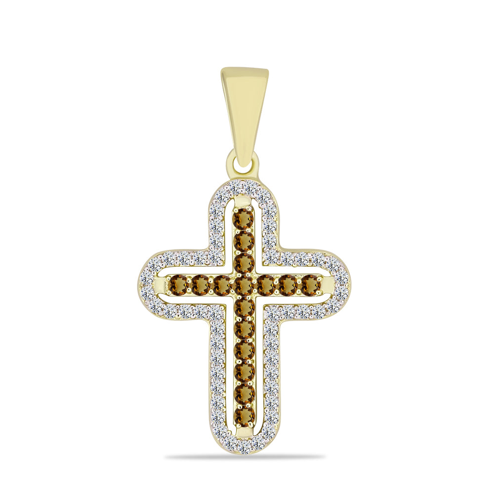 Cruce Pandantiv din Argint 925 Placat cu Aur ( 1.6 grame ) cu Cuarț Coniac și Topaz Alb 0.57 Carate