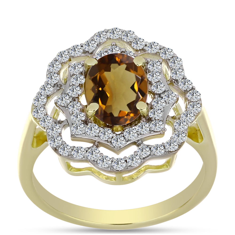 Inel din Argint 925 Placat cu Aur ( 3.08 grame ) cu Cuarț Coniac și Topaz Alb 1.58 Carate 3 