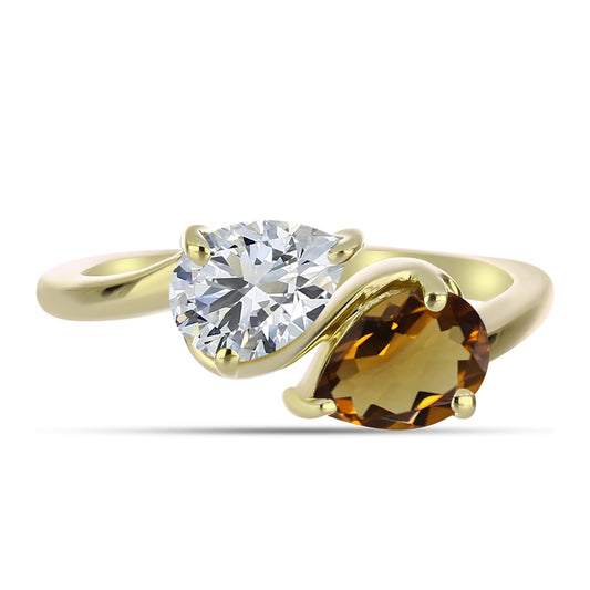 Inel din Argint 925 Placat cu Aur ( 2.26 grame ) cu Cuarț Coniac și Topaz Alb 1.46 Carate