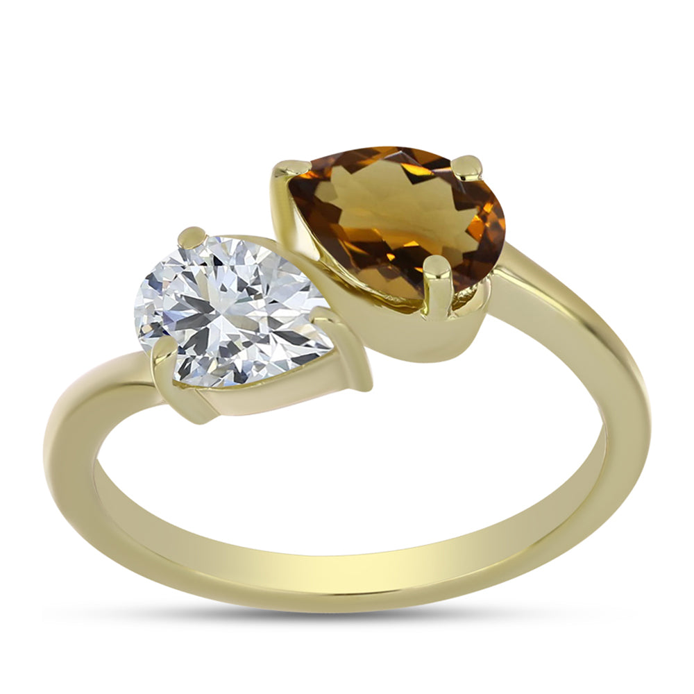Inel din Argint 925 Placat cu Aur ( 2.26 grame ) cu Cuarț Coniac și Topaz Alb 1.46 Carate 3 