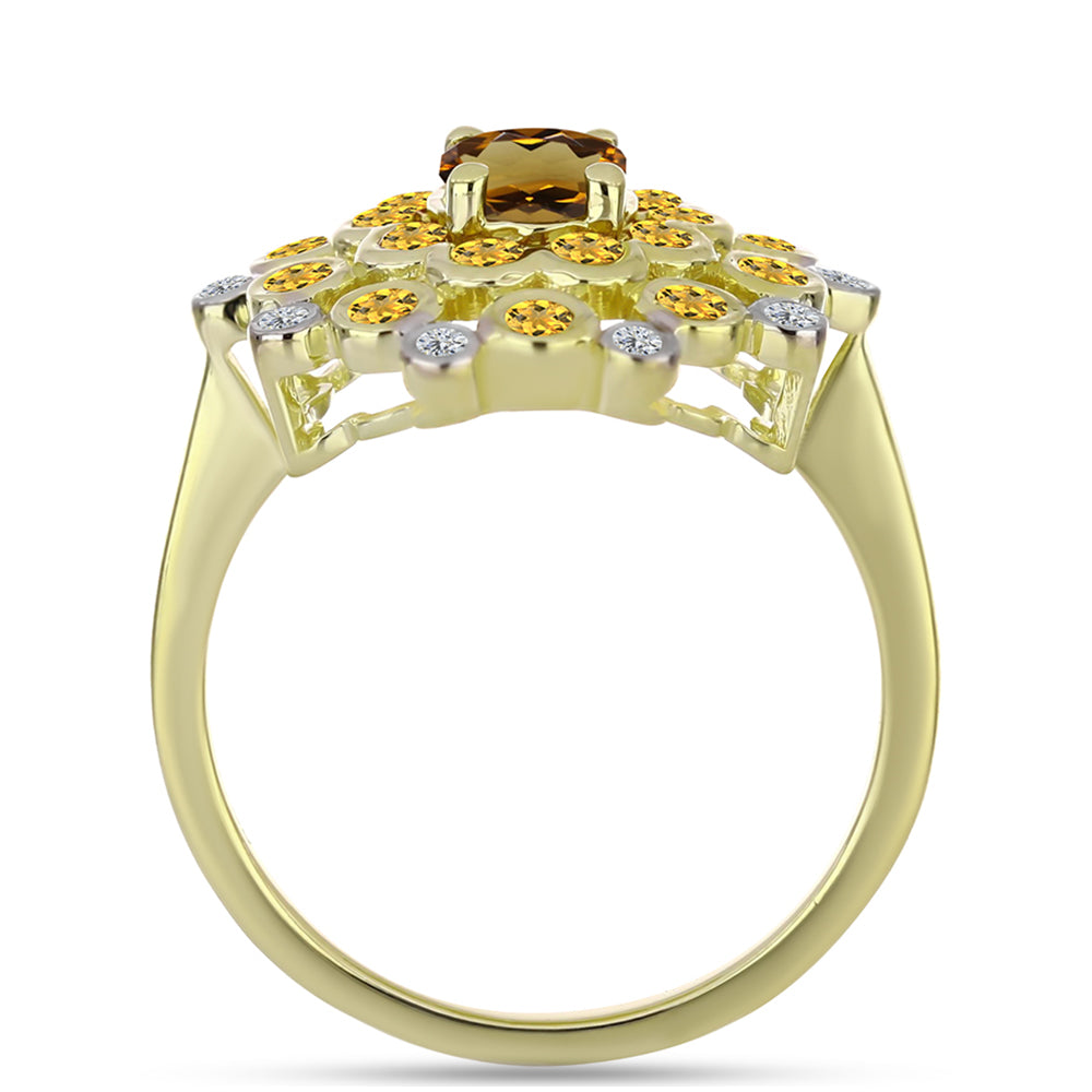 Inel din Argint 925 Placat cu Aur ( 4.22 grame ) cu Cuarț Coniac și Topaz Alb 1.52 Carate 2 