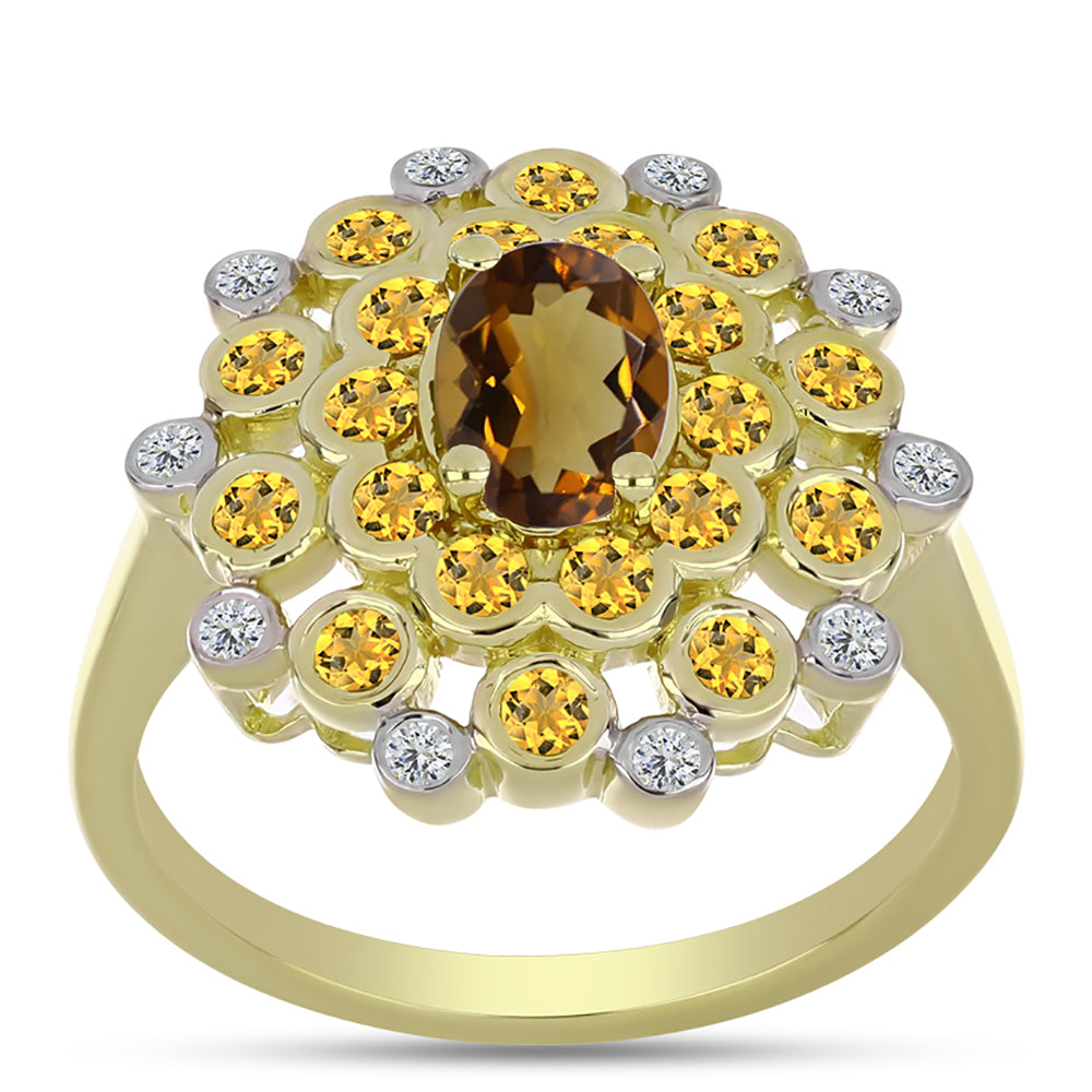 Inel din Argint 925 Placat cu Aur ( 4.22 grame ) cu Cuarț Coniac și Topaz Alb 1.52 Carate 3 