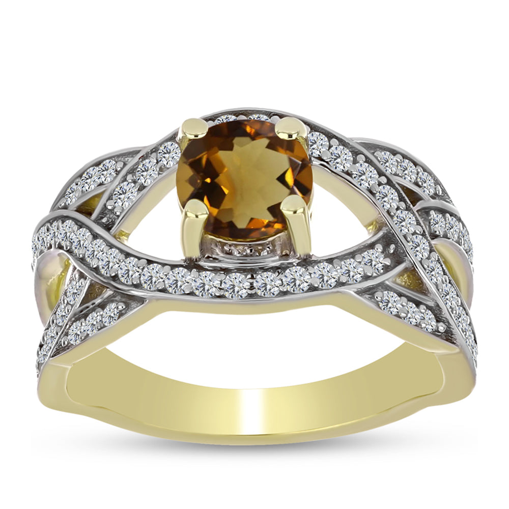 Inel din Argint 925 Placat cu Aur ( 3.34 grame ) cu Cuarț Coniac și Topaz Alb 1.41 Carate