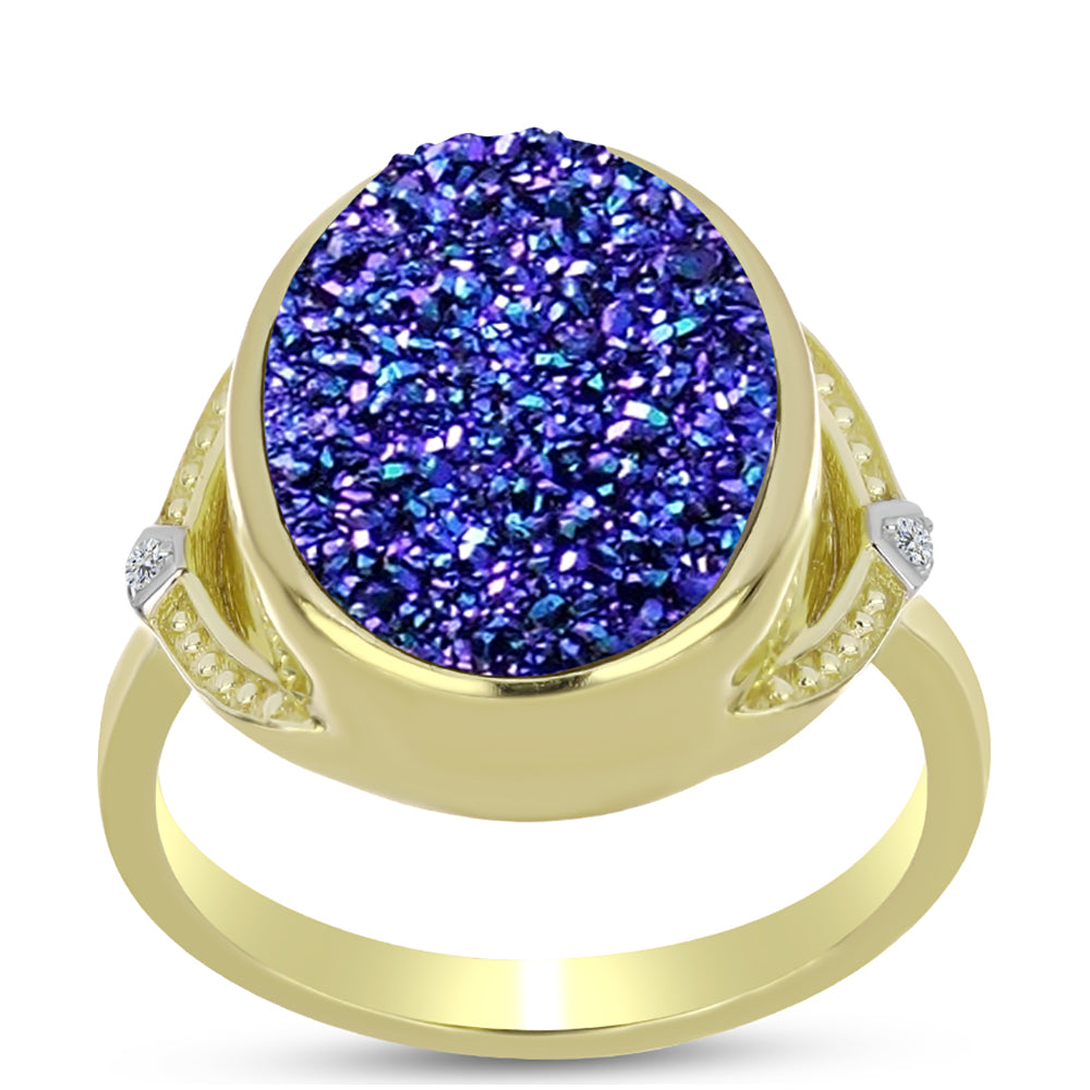Inel din Argint 925 Placat cu Aur ( 5.61 grame ) cu Drusă Violet și Topaz Alb 6.97 Carate 3 